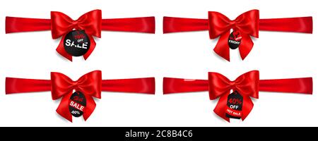 Set von roten Schleifen mit horizontalen Bändern, Schatten und Verkauf Etiketten und Tags auf weißem Hintergrund Stock Vektor
