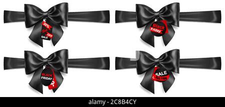 Set von schwarzen Schleifen mit horizontalen Bändern, Schatten und Verkauf Etiketten und Tags auf weißem Hintergrund Stock Vektor