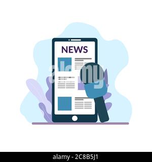 Online-Nachrichten lesen. News auf Handy und Mikrofon für Interview mit Dekorationen. Flache Darstellung isoliert auf weißem Hintergrund. Stock Vektor