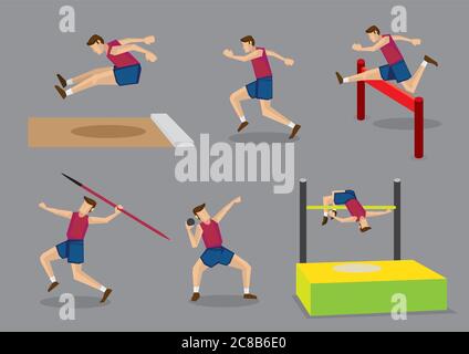 Vektor-Illustration Athlet tun verschiedene Track and Field Sports, Weitsprung, Laufen, Hürden, Speerwurf, Schuss setzen und Hochsprung, isoliert auf gr Stock Vektor