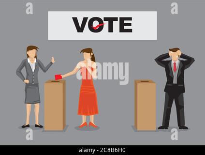 Weibliche Wähler ihre Stimme in die Wahlurne für weibliche Kandidaten und männliche Kandidaten Gefühl betont. Cartoon Vektor Illustration auf Stimmzettel isol Stock Vektor
