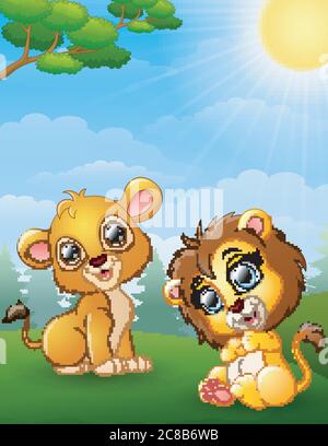 Illustration von zwei Löwen Junge Cartoon im Dschungel Stock Vektor