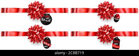 Set von roten Schleifen mit horizontalen Bändern, Schatten und Verkauf Etiketten und Tags auf weißem Hintergrund Stock Vektor
