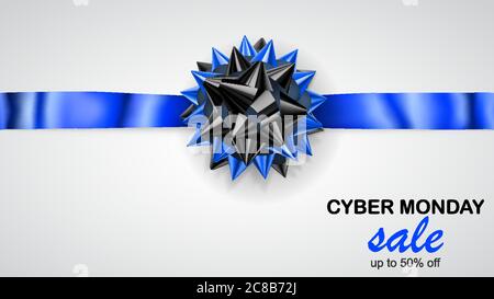 Schwarz-blaue Schleife mit horizontalem Band mit Schatten und Inschrift Cyber Monday Sale auf weißem Hintergrund Stock Vektor
