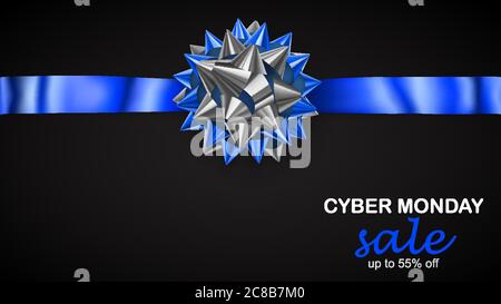 Blau und Silber Bogen mit horizontalem Band mit Schatten und Inschrift Cyber Monday Sale auf schwarzem Hintergrund Stock Vektor