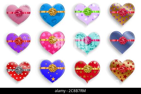 Set von herzförmigen bunten Geschenkboxen mit Bändern, Schleifen und verschiedenen Mustern Stock Vektor