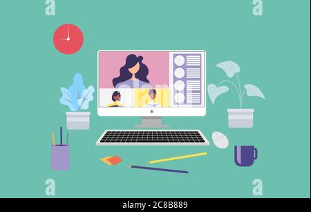 Arbeiten von zu Hause und arbeiten von überall Konzept, Menschen verbinden sich, Videokonferenzen Remote-Arbeit auf Laptop-Computer, Lernen oder Meeting onl Stock Vektor