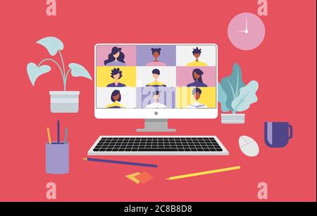 Arbeiten von zu Hause und arbeiten von überall Konzept, Menschen verbinden sich, Videokonferenzen Remote-Arbeit auf Laptop-Computer, Lernen oder Meeting onl Stock Vektor