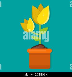 Gelbe Tulpe auf dem Topf isolierte Vektorgrafik in flacher Form Stock Vektor