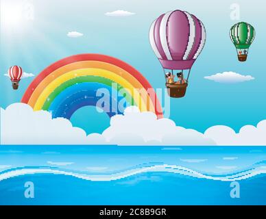 Happy Cartoon Kinder fliegen in einem Heißluftballon im Meer Stock Vektor