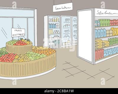 Lebensmittelgeschäft Grafik Laden Interieur Farbe Skizze Illustration Vektor Stock Vektor