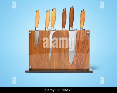 Konzept der Küche Messer in Stand aus Holz 3d-render Abbildung auf blauem Hintergrund mit Schatten Stockfoto