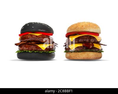 Hamburger schwarz-weiß 3D hamburger Rendern auf weißem Hintergrund mit Schatten Stockfoto