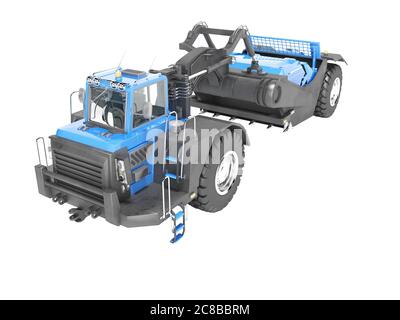 Blau Radtraktor Schaber isoliert 3D-Render auf weißem Hintergrund kein Schatten Stockfoto