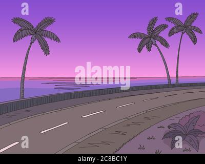 Straße Straße Sonnenuntergang Grafik Palme Farbe Meer Landschaft Skizze Illustration Vektor Stock Vektor