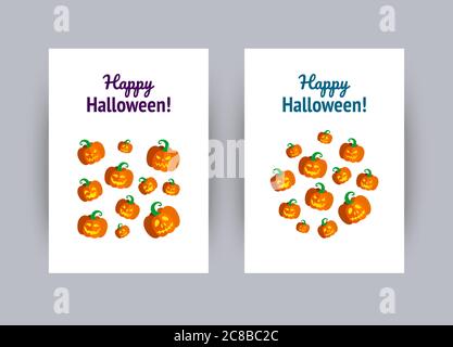 Grußkarte für Halloween-Party. Set aus geschnitzten Halloween Kürbissen. Vektorgrafik in flacher Form Stock Vektor