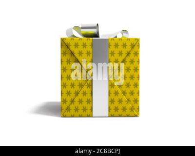 Geschenk in Feld in gelbes Papier mit silbernen Bändern Vorderansicht 3D-Render auf weißem Hintergrund mit Schatten Stockfoto