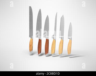 Set aus Metall Messer mit Holz isoliert 3D-Render auf grauem Hintergrund Griff mit Schatten Stockfoto