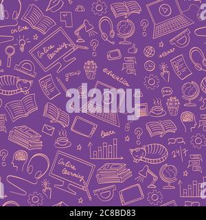 Online-Bildung nahtloses Muster. Distance Learning Kritzeleien auf violettem Hintergrund. Vektorgrafik. Stock Vektor