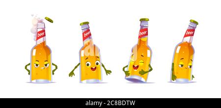 Bierflasche Charakter, kawai lustige Glasflasche mit gelben flüssigen Alkohol trinken und niedlichen Gesicht drücken glücklich und traurig Emotionen. Design-Elemente isoliert auf weißem Hintergrund. Zeichentrickvektorsymbole eingestellt Stock Vektor