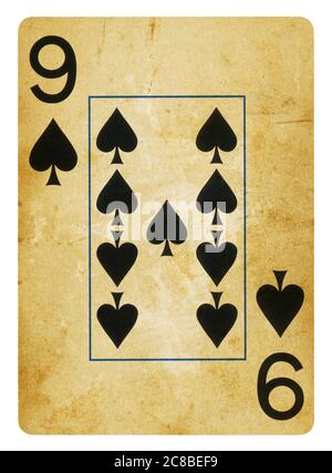 Neun Pik Vintage Playing Card - isoliert auf weißem (clipping path enthalten) Stockfoto