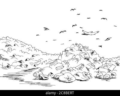 Deponie Müll Ökologie Problem Grafik schwarz Landschaft Skizze Illustration Vektor Stock Vektor