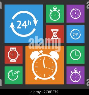 Vektor flache weiße Uhr Symbole auf farbigen Quadraten Stock Vektor