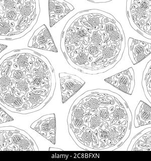 Pizza Grafik Fast Food schwarz weiß nahtlose Muster Hintergrund Skizze Illustration Vektor Stock Vektor