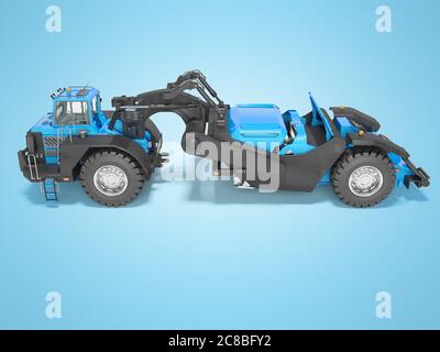 Concept Radtraktor Scraper Seitenansicht 3d Rendering auf blauem Hintergrund mit Schatten Stockfoto