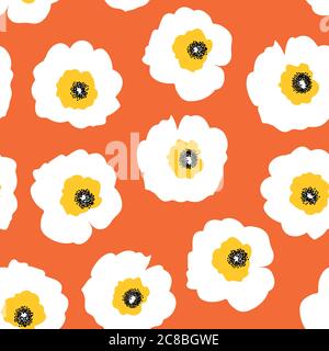 Weiße Blüten auf orange nahtlose Vektor Retro-Muster. Wiederholen floralen Hintergrund skandinavischen Stil. Vintage-Style. Verwenden Sie für Stoff, Tapete, zu Hause Stock Vektor