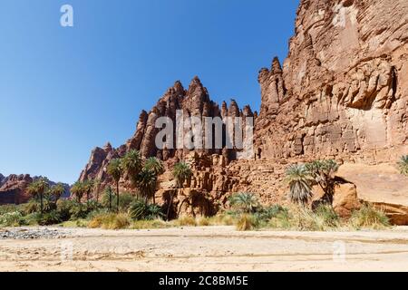 Wadi Disah, auch bekannt als Wadi Qaraqir, ist eine 15 Kilometer lange Schlucht, die durch den Jebel Qaraqir, ein Sandsteinmassiv, das etwa 80 Kilometer liegt, führt Stockfoto