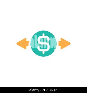 Zwei orangefarbene Pfeile mit Dollarzeichen im blauen Kreis. Flaches Symbol. Isoliert auf Weiß. Symbol für den Geldwechsel. Gut für Web- und Software-Schnittstellen. Vektor Stock Vektor