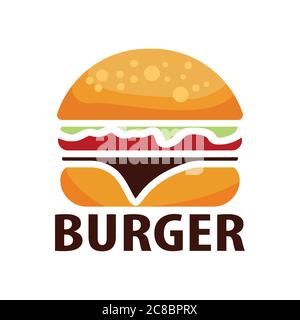 Köstliche Burger flache Ikone und Beschriftung Inschrift. Vektor für Designvorlagen Stock Vektor