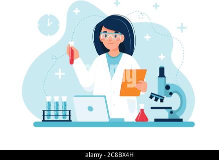 Wissenschaftler bei der Arbeit, weibliche Figur Durchführung von Experimenten im Labor. Vektorgrafik in flacher Form Stock Vektor