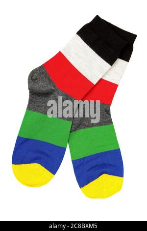 Paar bunte Socken auf weiß isoliert Stockfoto