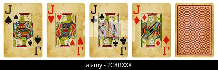 Vier Jacks Vintage Playing Cards - isoliert auf Weiß Stockfoto