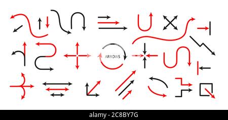Große Set Pfeile und Richtungen Zeichen. Dünne Linie und Pfeil. Vektor schwarz und rot isoliert auf weißem Hintergrund. Bearbeiten Sie die Dicke von Linien. Stock Vektor