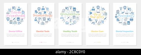 Vertikale fünf Banner mit Linienkonzept der Zahnmedizin - Zahnprüfung, Büro und Werkzeuge Stock Vektor