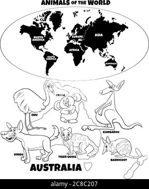 Schwarz-Weiß-LernCartoon Illustration von typischen australischen Tieren und Weltkarte mit Kontinenten Malbuch Seite Stock Vektor