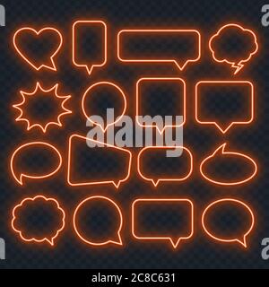 Neonoranger Sprechblasenrahmen auf transparentem Hintergrund. Helle Lichtrahmen für Zitate und Text. Stock Vektor