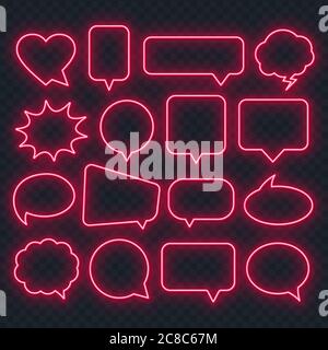 Neonroter Sprechblasenrahmen auf transparentem Hintergrund. Helle Lichtrahmen für Zitate und Text. Stock Vektor