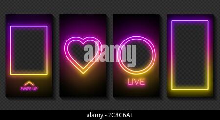 Set von Neon-Vorlagen für Geschichten in sozialen Netzwerken auf einem dunklen Hintergrund. Ort für ein Foto oder Video. Stock Vektor