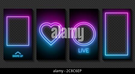 Set von Neon-Vorlagen für Geschichten in sozialen Netzwerken auf einem dunklen Hintergrund. Stock Vektor