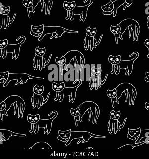 Kind gezeichnete Katze auf schwarz - nahtlose Muster. Vektor Grafik Kunst Hintergrund mit Doodle Skizze. Kinder Zeichnung Stil Tapete Stock Vektor