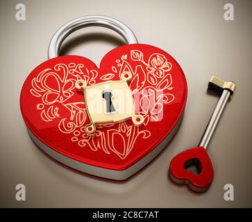 Schlüssel steht neben roten herzförmigen Box. 3D-Illustration. Stockfoto