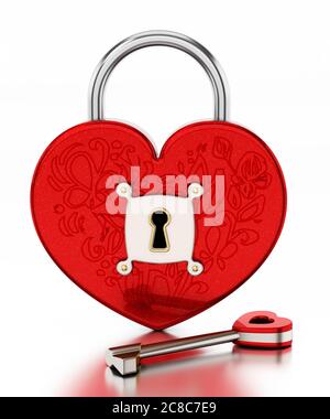 Schlüssel steht neben roten herzförmigen Box. 3D-Illustration. Stockfoto