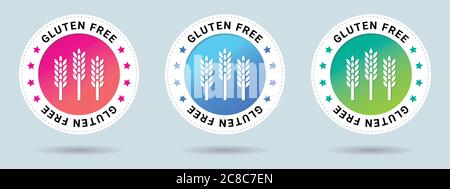 Glutenfreie Stempel Vektor-Illustration. Symbol für Vektorzertifikat. Set mit 3 schönen Farbverläufen. Vektor-Kombination für Zertifikat in flacher Ausführung. Stock Vektor