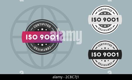 ISO 9001 zertifizierte Stempel Vektorgrafik. Symbol für Vektorzertifikat. Vektor-Kombination für Zertifikat in flacher Ausführung. Stock Vektor