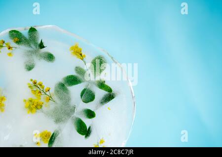 Frische gelbe Berberitze in Eis auf dunklem Hintergrund für Sommergetränke gefroren. Kreative Textur. Stockfoto