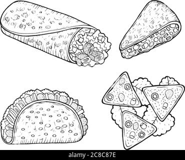 Mexikanische Lebensmittel-Set - Malvorlagen für Erwachsene. Grafik Doodle Cartoon Art. Vektor-Illustration Stock Vektor